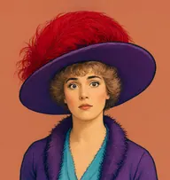 Illustrated portrait of Mary Sutherland: about 30, light brown, frizzed fringe, plush-trimmed purple jacket with a turquoise-blue dress