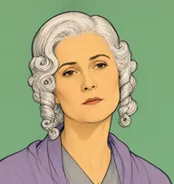 Illustrated portrait of Miss Cushing: about 56, silver-white with old-fashioned side-ringlets, lavender shawl over a dove-grey dress
