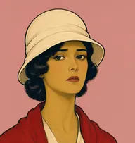 Illustrated portrait of Miss Stapleton: about 26, glossy dark near-black hair in a low chignon, crimson shawl over a cream blouse
