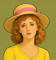 Illustrated portrait of Miss Turner: about 19, strawberry-blond, wavy, loose to shoulders, buttercup-yellow summer dress