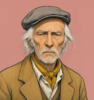 Illustrated portrait of Mr. Sherman: about 68, thin white hair, long and straggly over the ears, a tan corduroy jacket with a mustard-yellow neckcloth