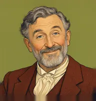 Illustrated portrait of Mr. Trevor: about 68, thick iron-grey, tousled, russet tweed jacket with a cream silk stock