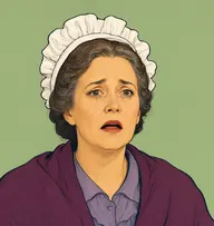 Illustrated portrait of Mrs. Barrymore: about 48, greying brown hair in a tight bun, plum wool shawl over a grey-lilac dress