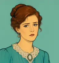Illustrated portrait of Mrs. Laura Lyons: about 25, chestnut-auburn hair in a loose pinned-up knot with stray curls, teal blouse with a lace collar