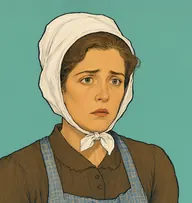 Illustrated portrait of Mrs. Smith: about 40, faded brown hair scraped back under a cap, a faded blue-checked apron over a brown dress