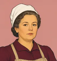 Illustrated portrait of Mrs. Toller: about 45, greying brown in a tight bun, coarse apron over a maroon dress
