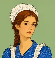 Illustrated portrait of Rachel Howells: about 23, auburn, in a thick plait, royal-blue print dress with a white apron