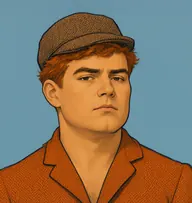 Illustrated portrait of Sir Henry Baskerville: about 30, thick auburn hair, cropped short and tousled, rust-orange Norfolk tweed jacket with open collar