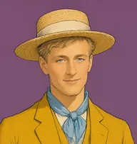 Illustrated portrait of Stapleton: about 36, light flaxen hair, wispy and fine, mustard-yellow knickerbocker suit with a pale blue neckerchief
