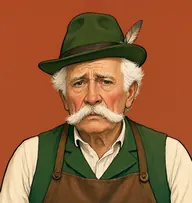 Illustrated portrait of Steiler: about 70, bushy white, standing up, forest-green waistcoat with a leather apron