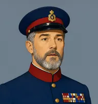 Illustrated portrait of Tangey: about 55, short bristly iron-grey, navy tunic with medal ribbons and a scarlet collar facing
