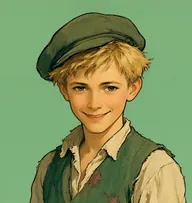 Illustrated portrait of Wiggins: about 13, tousled straw-blond hair, a patched green waistcoat over a collarless shirt