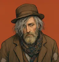 Illustrated portrait of Wood: about 50, matted lank grey, falling over the eyes, patched brown coat with a faded tartan muffler