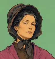 Illustrated portrait of Mrs. Dilber: about 55, coarse greying black hair under a bonnet, worn laundress's shawl in faded magenta over a brown dress