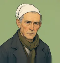 Illustrated portrait of Scrooge: about 68, thin steel-grey hair, sparse on top, threadbare charcoal coat with a faded olive-brown muffler