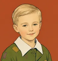 Illustrated portrait of Tiny Tim: about 6, fine fair hair, neatly combed, patched jacket in moss-green with a wide white collar