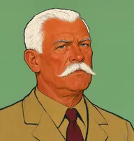 Illustrated portrait of Colonel Marchbanks: about 62, white, cropped short military style, a tan Norfolk jacket with a regimental maroon tie