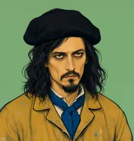 Illustrated portrait of Crowder: about 35, long untidy black hair to the collar, paint-stained smock in ochre with a blue cravat