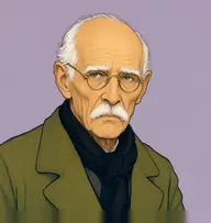 Illustrated portrait of Dr. Conyers: about 78, sparse snow-white hair, bald on top, old olive-green overcoat with a black scarf