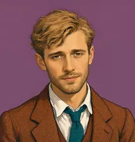 Illustrated portrait of Dr. Hartman: about 28, tousled sandy-blond hair flopping over the brow, rumpled tweed jacket in rust-brown with a teal knitted tie