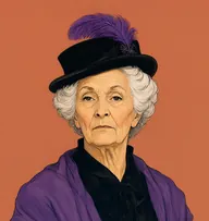 Illustrated portrait of Duchess of Medway: about 75, white hair curled under a hat, black silk dress with a purple shawl