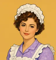 Illustrated portrait of Ellen: about 19, chestnut curls escaping a cap, a lilac print dress with a white apron
