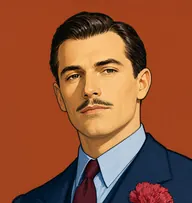 Illustrated portrait of Haviland Burdock: about 40, glossy dark brown, brilliantined and parted, sky-blue silk shirt with a burgundy tie and navy blazer