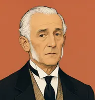 Illustrated portrait of James Fleming: white, thin and combed flat, a black livery coat with a buff-striped waistcoat