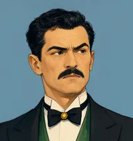 Illustrated portrait of Melville: oily black hair in a rakish quiff, dinner jacket with a green silk waistcoat