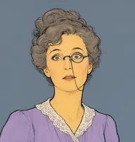 Illustrated portrait of Miss Twitterton: about 40, faded mousy curls pinned in a frizzy knot, lavender blouse with a lace collar