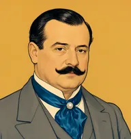 Illustrated portrait of Monsieur Briquet: about 56, black, oiled and slicked flat, thinning, a peacock-blue silk cravat with a grey frock coat
