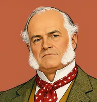 Illustrated portrait of Mr. Frobisher-Pym: about 62, sparse white wisps combed over a bald crown, tweed jacket in moss green with a mustard waistcoat