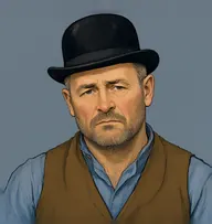 Illustrated portrait of Mr. Smith: about 60, dull brown flecked grey, cropped, a mud-brown waistcoat with a faded blue collarless shirt