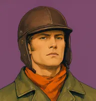 Illustrated portrait of Mr. Walters: about 30, cropped sandy-brown hair flattened by headgear, oilskin jacket in olive with an orange scarf