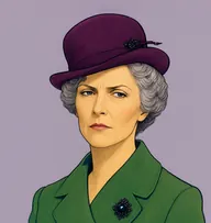 Illustrated portrait of Mrs. Pettigrew-Robinson: about 52, steel-grey, tight set waves, a bottle-green wool coat with a jet brooch