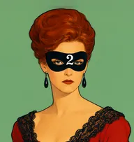Illustrated portrait of Number Two: about 40, glossy auburn hair piled high, scarlet gown with black lace shoulders