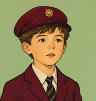 Illustrated portrait of Pickled Gherkins: about 10, tousled mouse-brown hair, fringe falling over forehead, maroon school blazer with a striped tie