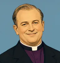 Illustrated portrait of Arthur Beebe: about 38, sandy-fair, thinning at the temples, neatly combed, a black clerical coat with a plum-purple waistcoat visible at the neck