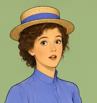 Illustrated portrait of Lucy Honeychurch: about 18, chestnut brown, pinned up loosely with loose curls at the nape, a periwinkle-blue high-collared summer blouse
