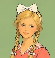 Illustrated portrait of Minnie Beebe: about 13, flaxen blond, in two long plaits tied with ribbon, a sailor-collared coral-pink dress