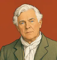 Illustrated portrait of Mr. Emerson: about 68, thick white hair, tousled and swept back, a rumpled sage-green tweed jacket with an open soft collar
