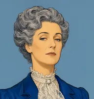 Illustrated portrait of Mrs. Vyse: about 55, steel-grey, elaborately coiffed and waved, a deep sapphire-blue silk dress with a lace jabot