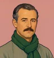 Illustrated portrait of Bartolomeo Aymo: greying dark brown, thinning at the temples, grey-green tunic with a forest-green wool muffler