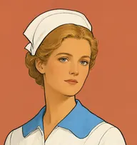 Illustrated portrait of Catherine Barkley: about 26, long tawny blonde pinned up at the nape, white nurse's VAD dress with a sky-blue cape collar