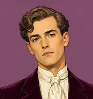 Illustrated portrait of Edgar Saunders: about 37, fair, wavy, parted at the side, burgundy velvet jacket, ivory shirt