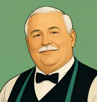 Illustrated portrait of Emilio: thin white, combed flat, black hotel waistcoat, teal-green apron