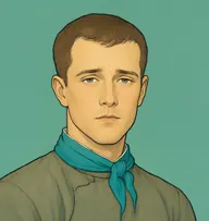Illustrated portrait of Gordini: dull brown, cropped short, dusty grey-green tunic, turquoise neckerchief