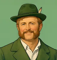Illustrated portrait of Guttingen: about 50, thinning ginger-grey, centre-parted, loden-green Swiss jacket, white shirt