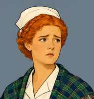 Illustrated portrait of Helen Ferguson: about 30, bright red-gold, braided and pinned, white nurse's dress with a tartan green-and-navy shawl