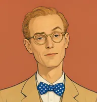 Illustrated portrait of Mac: about 40, sandy ginger, thinning, light tan suit, blue polka-dot bow tie